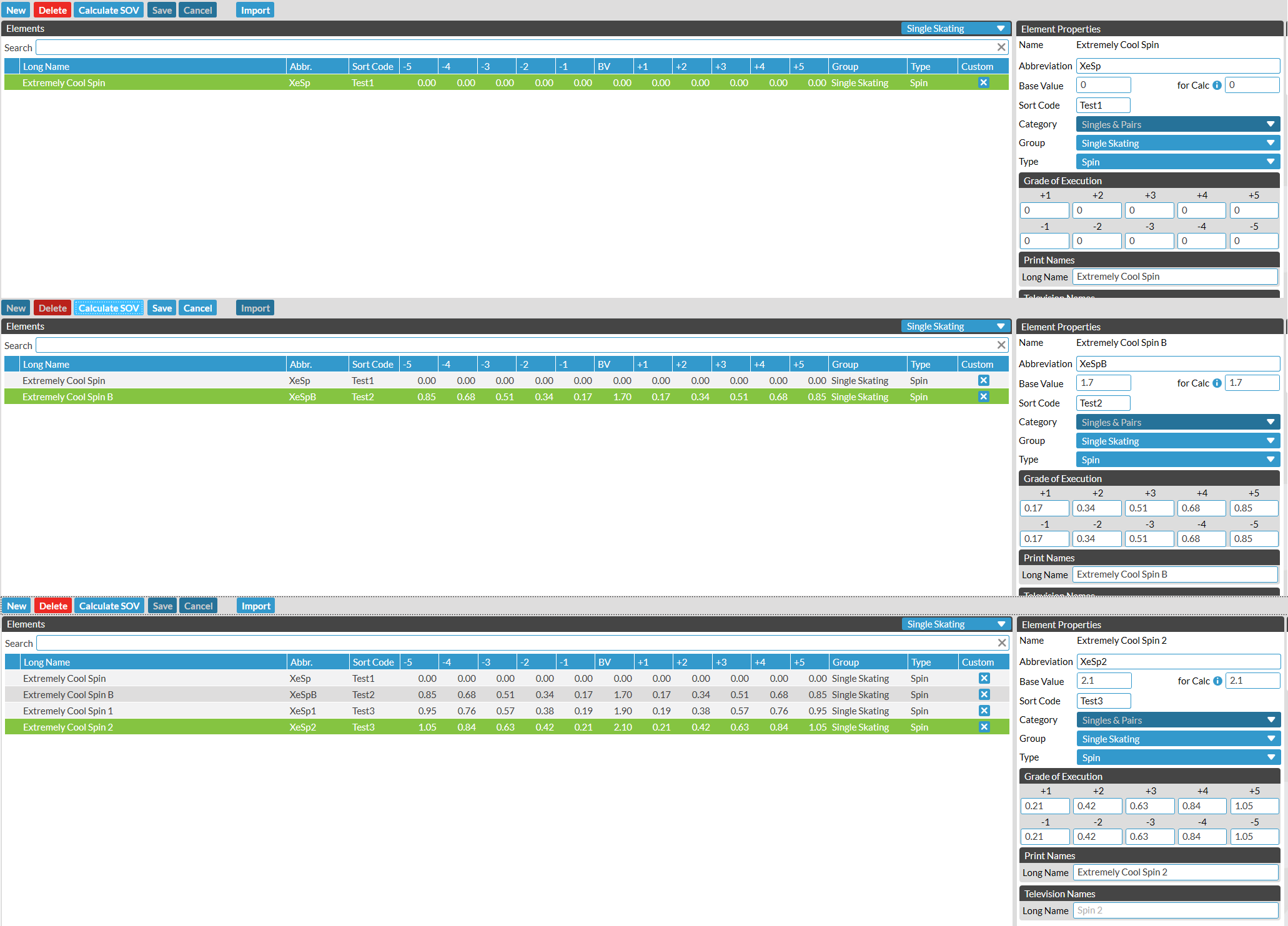 Screenshot of elements entered with SOVs